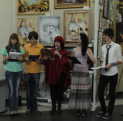  Comperes of an exhibition opening. The Exhibition "Carefree childhood" presents artworks of students and teachers.